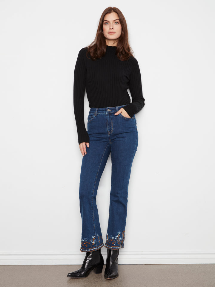 Floral Embroidered Hem Side Slit Flare Jean
