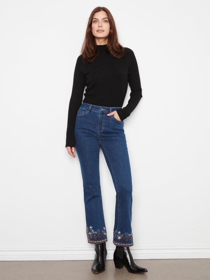 Floral Embroidered Hem Side Slit Flare Jean