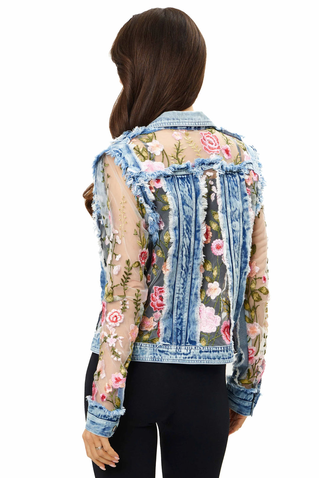 Floral Embroidered Sheer Denim Jacket
