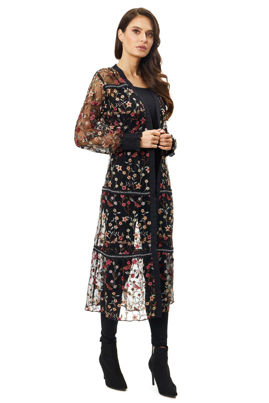 Floral Embroidered Sheer Long Duster Jacket