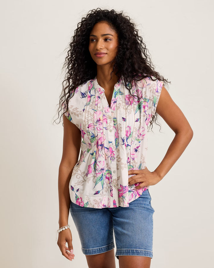 Floral Garden Print Pintuck Blouse