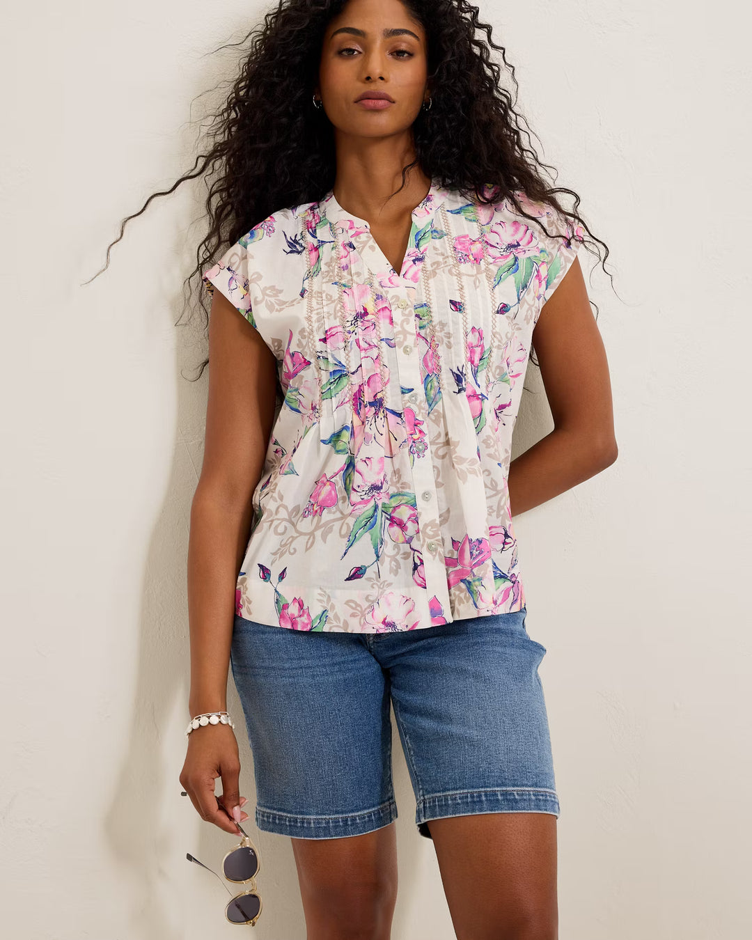 Floral Garden Print Pintuck Blouse