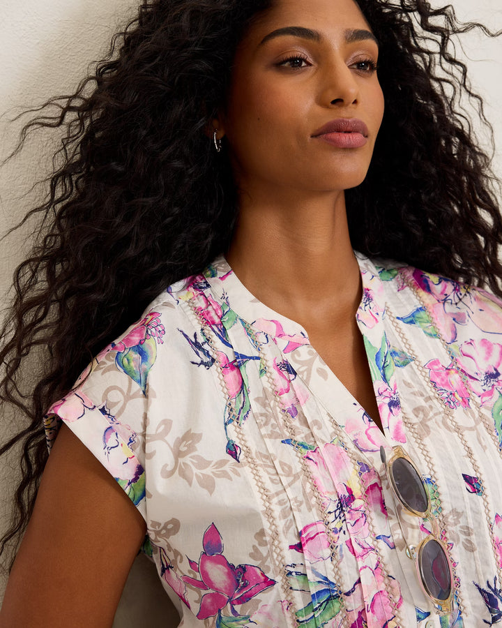 Floral Garden Print Pintuck Blouse