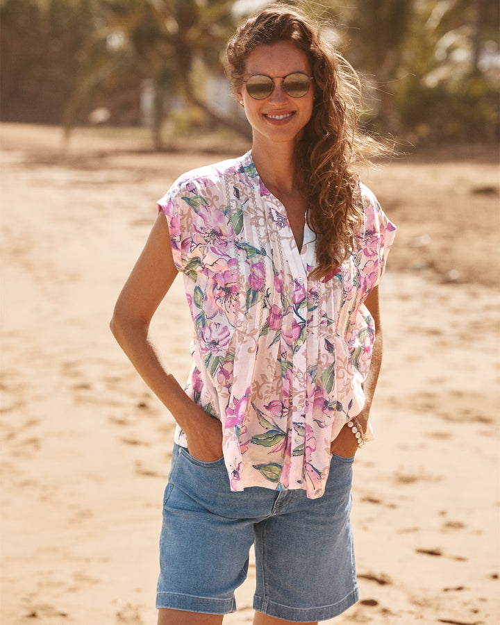 Floral Garden Print Pintuck Blouse