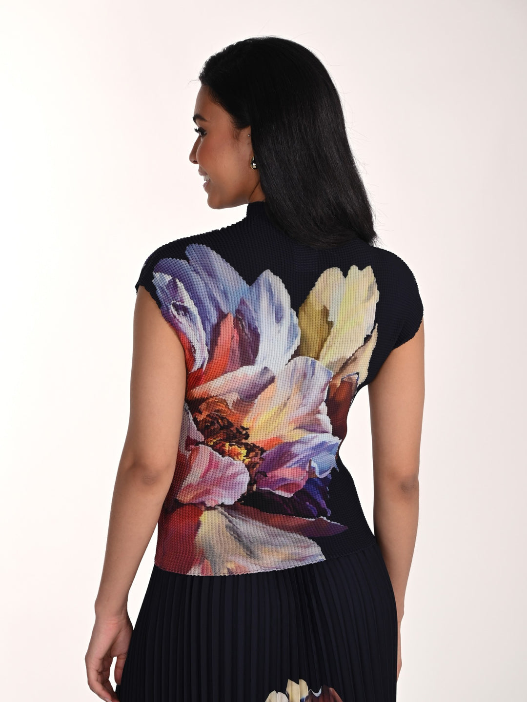 Floral Print Pleated Mock Neck Top