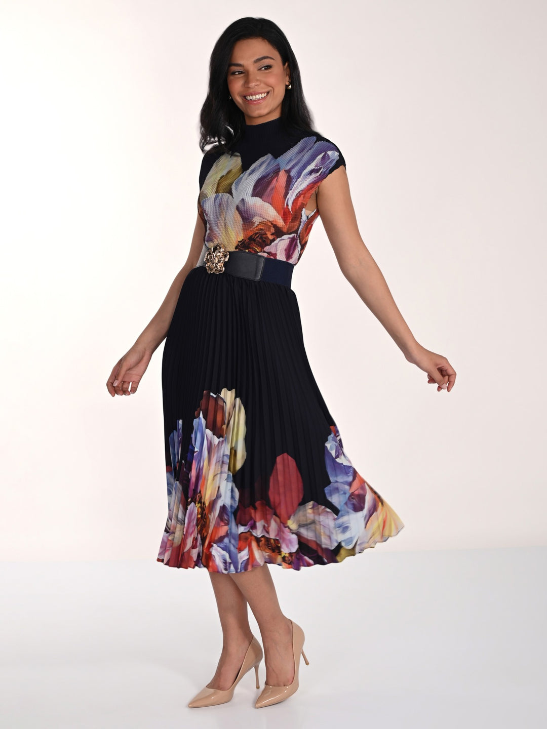 Floral Print Pleated Mock Neck Top