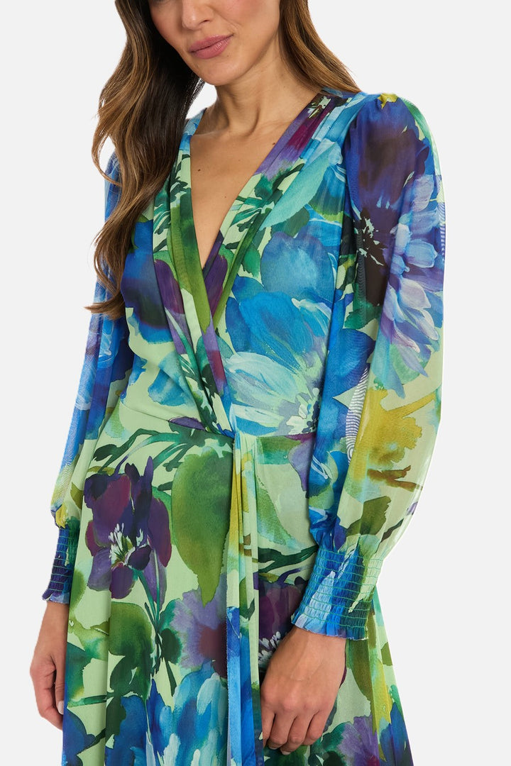 Floral Print V-Neck Mesh Dress