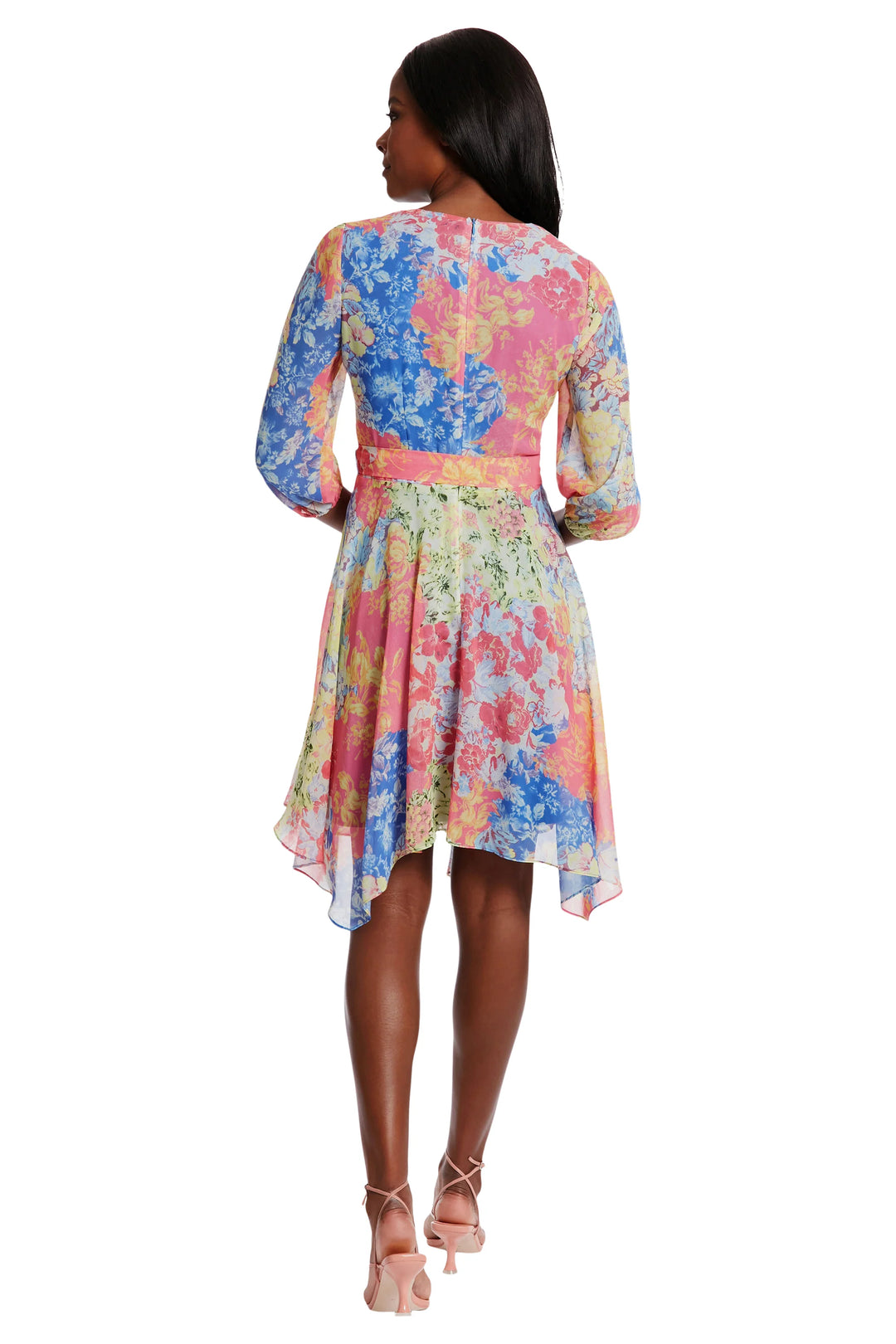 Floral Puff Sleeve Asymmetric Hem Dress