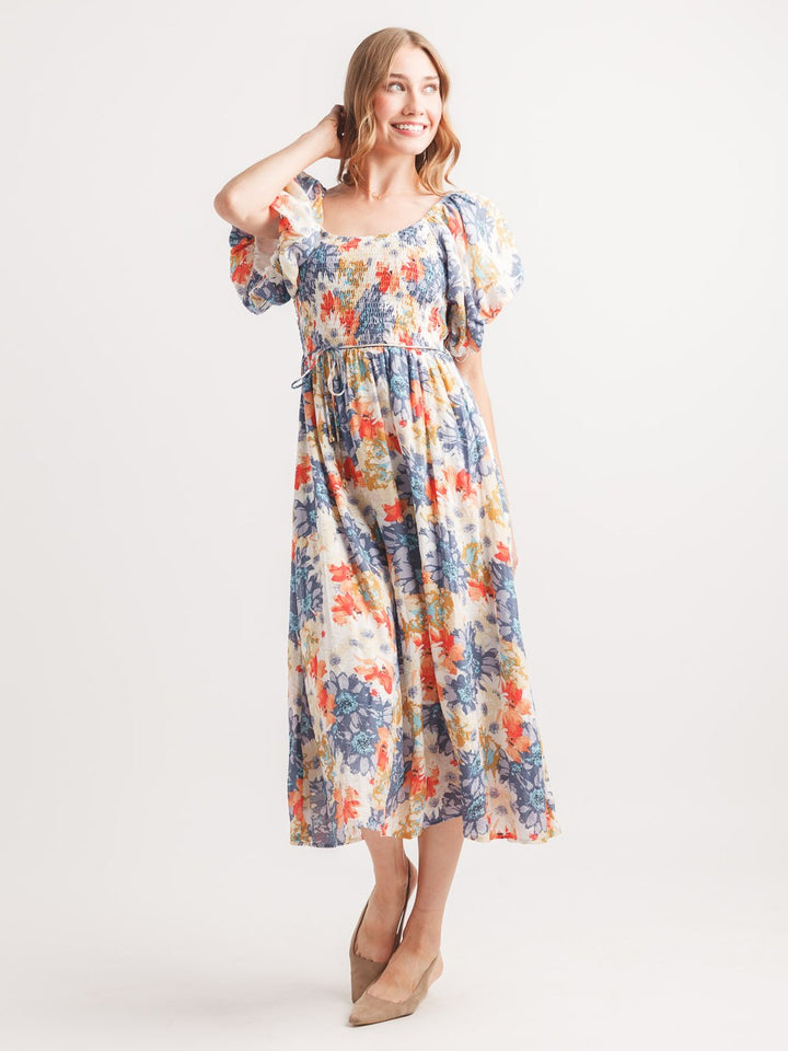 Floral Smocked Print Puff Sleeve Dress