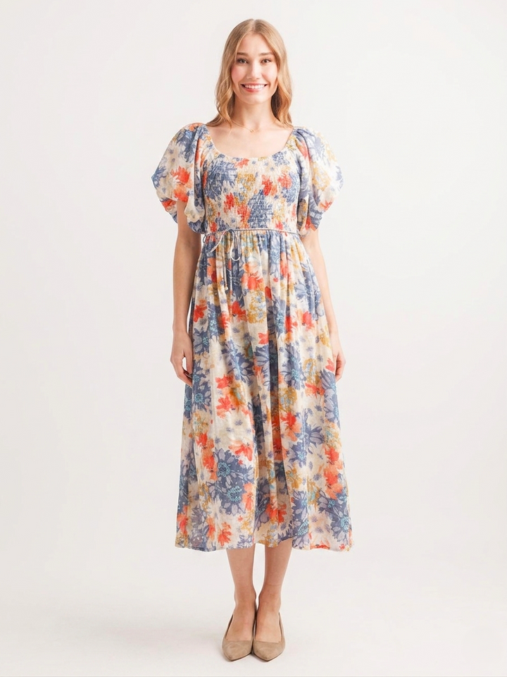 Floral Smocked Print Puff Sleeve Dress