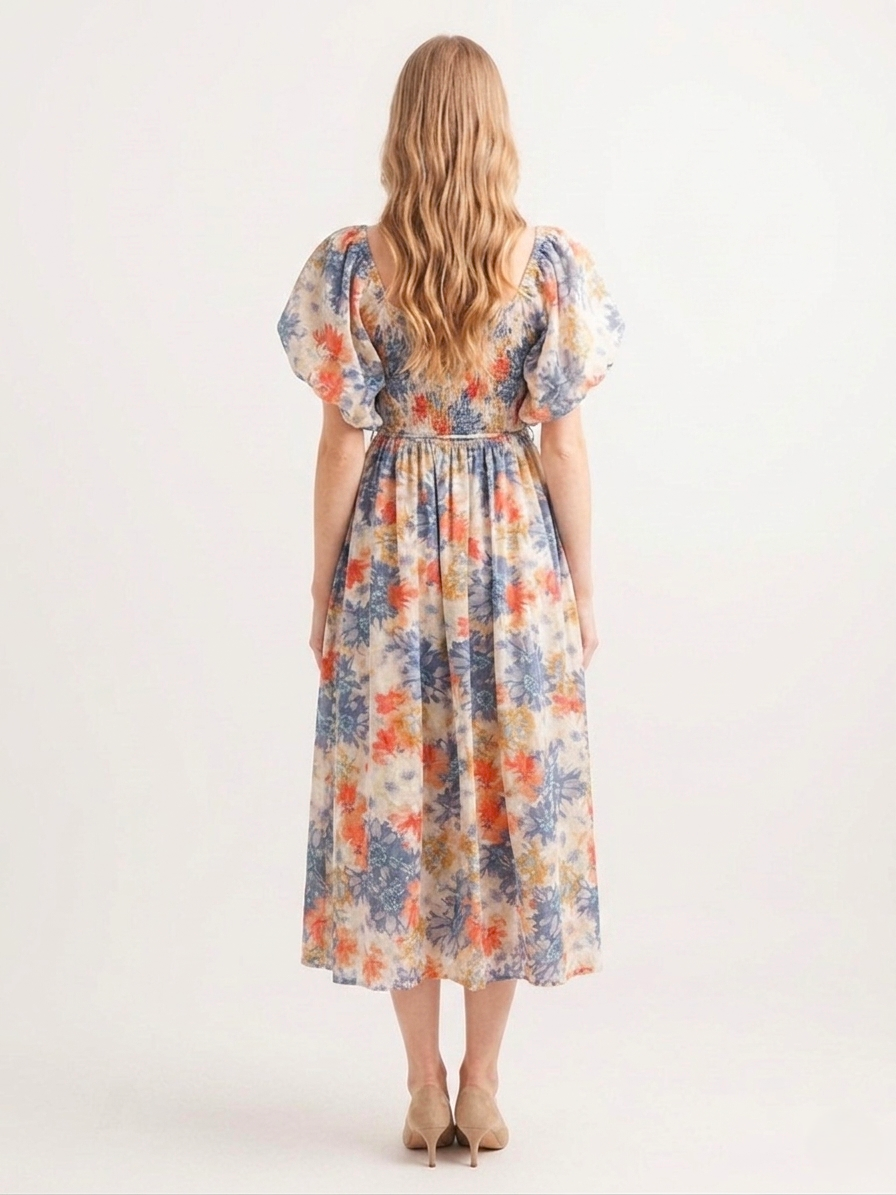 Floral Smocked Print Puff Sleeve Dress