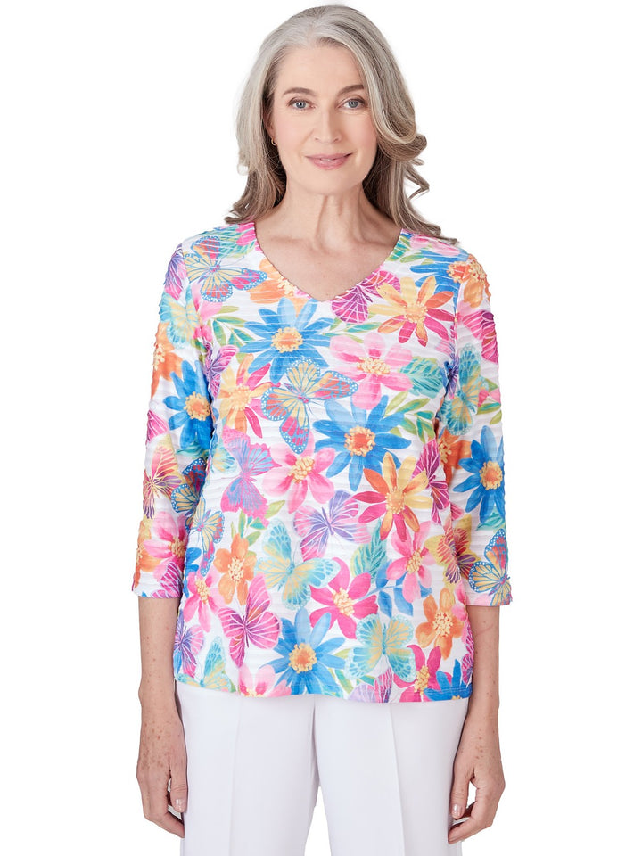 Floral and Butterfly Pleated Ruffle Top
