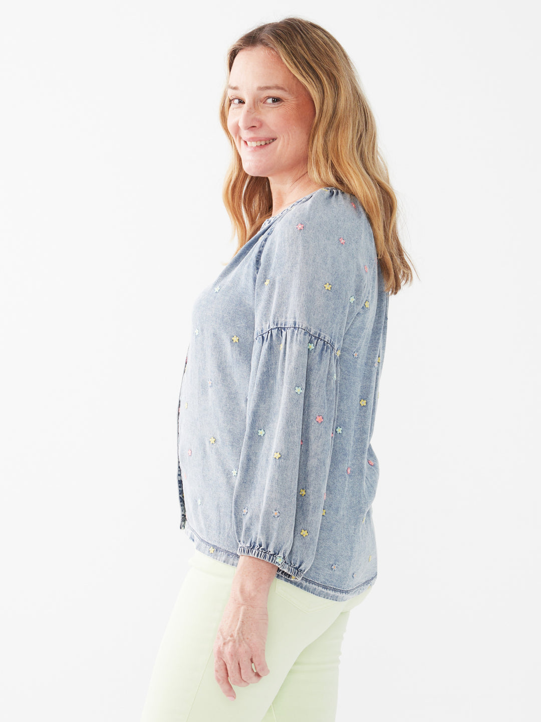 Flower Embroidered Chambray Shirt