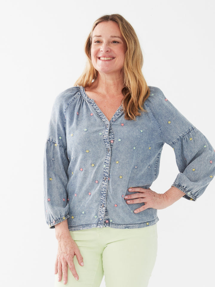 Flower Embroidered Chambray Shirt