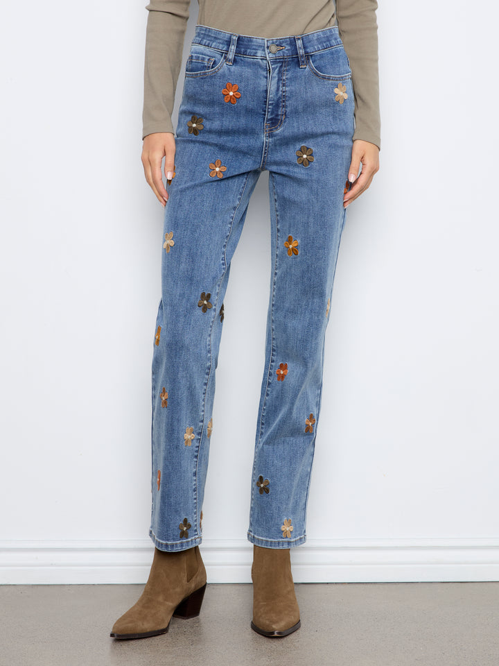 Flower Embroidered Straight Leg Jean