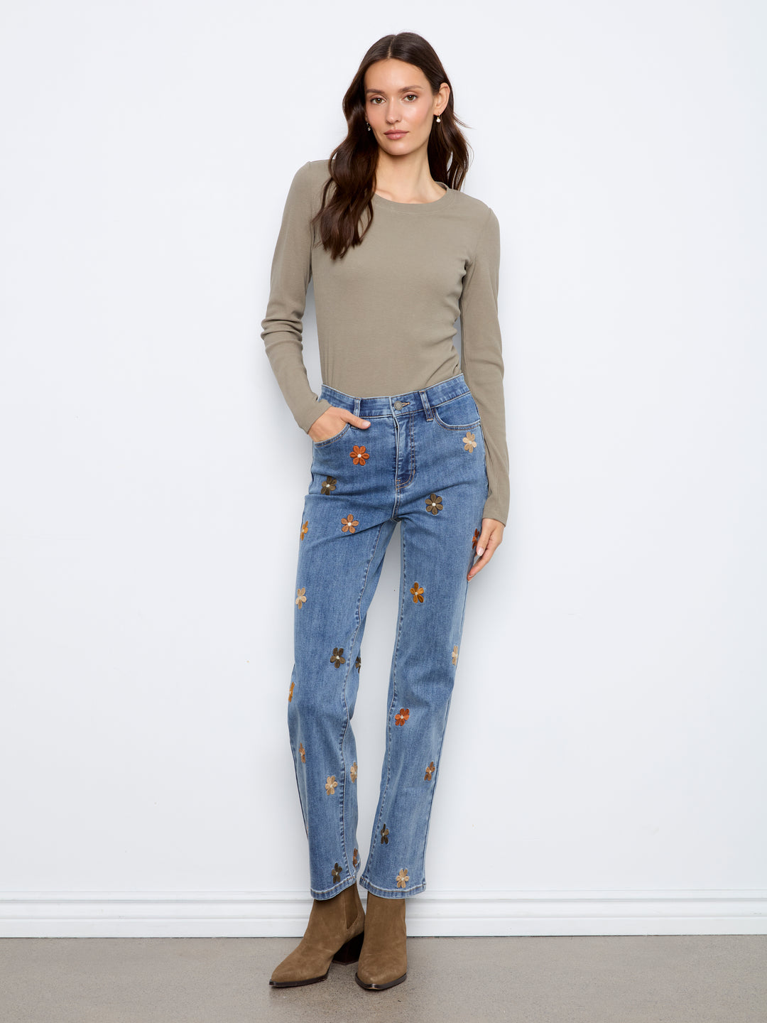 Flower Embroidered Straight Leg Jean