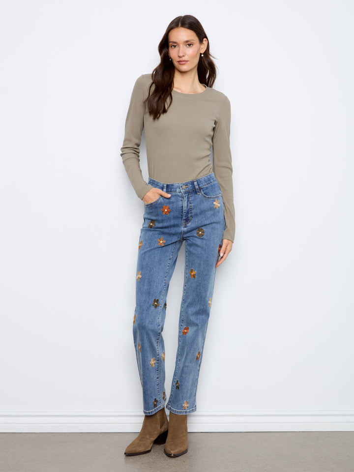 Flower Embroidered Straight Leg Jean