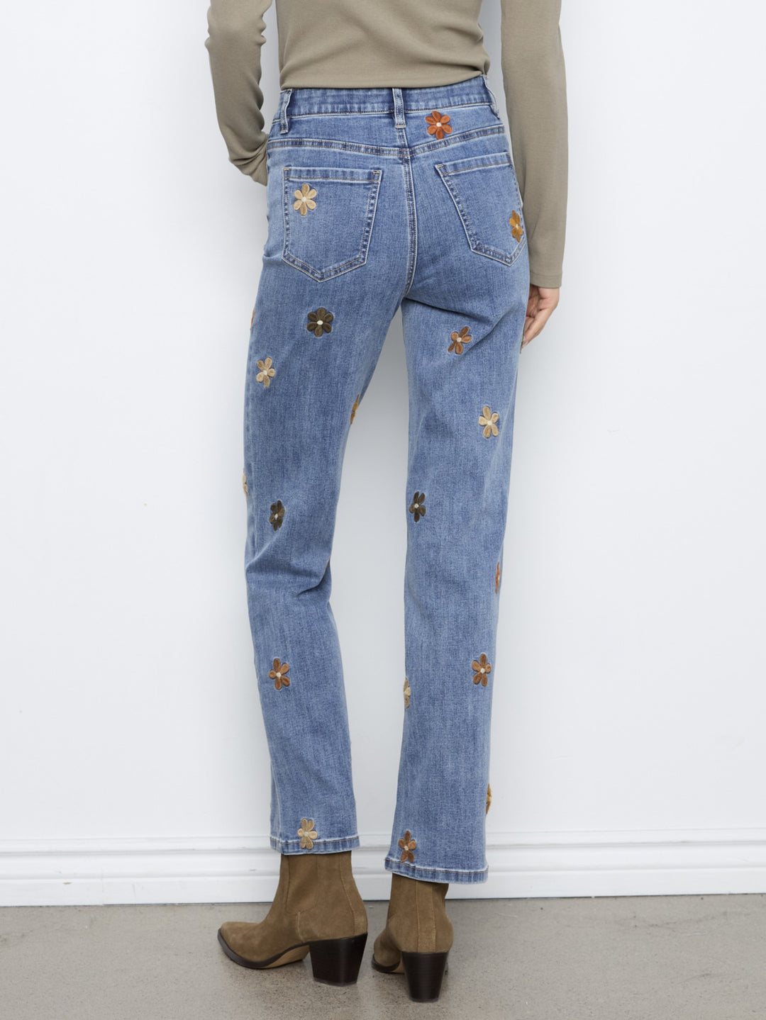 Flower Embroidered Straight Leg Jean