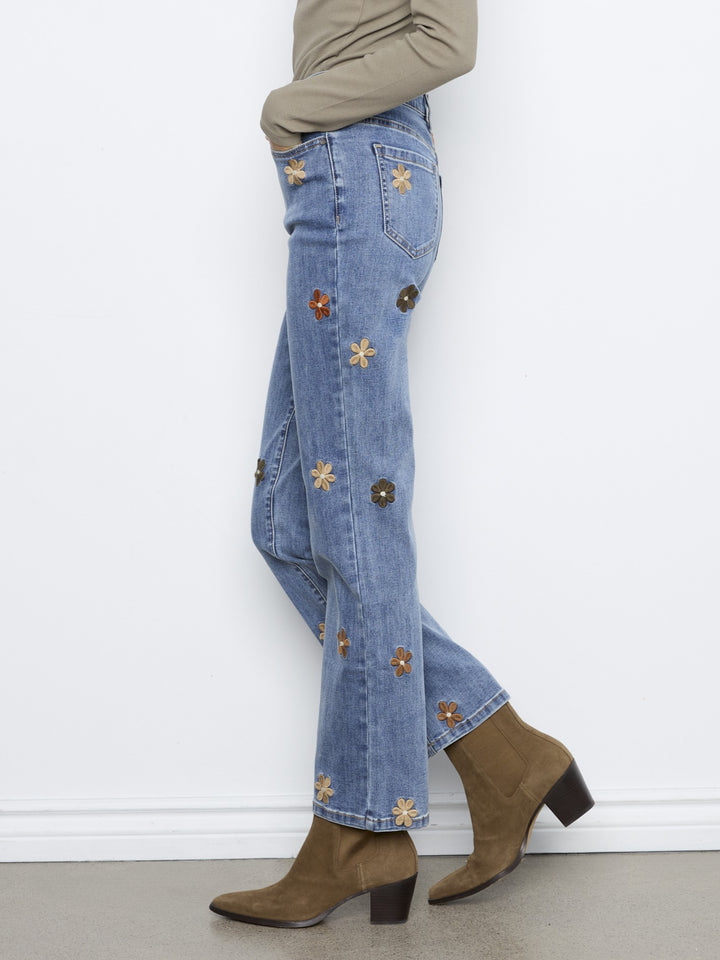 Flower Embroidered Straight Leg Jean