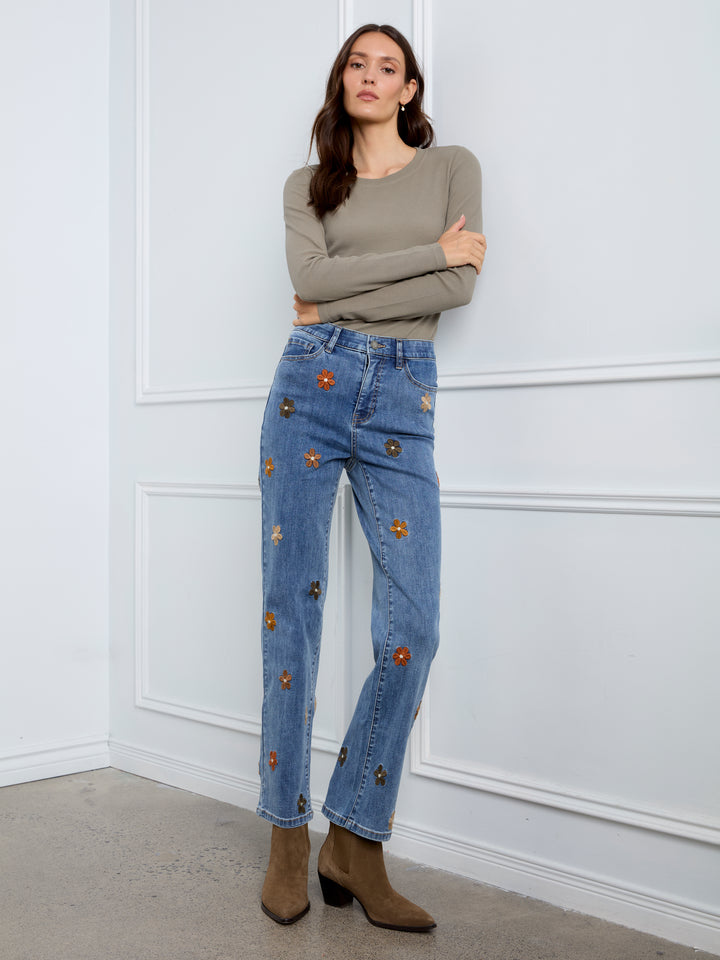Flower Embroidered Straight Leg Jean