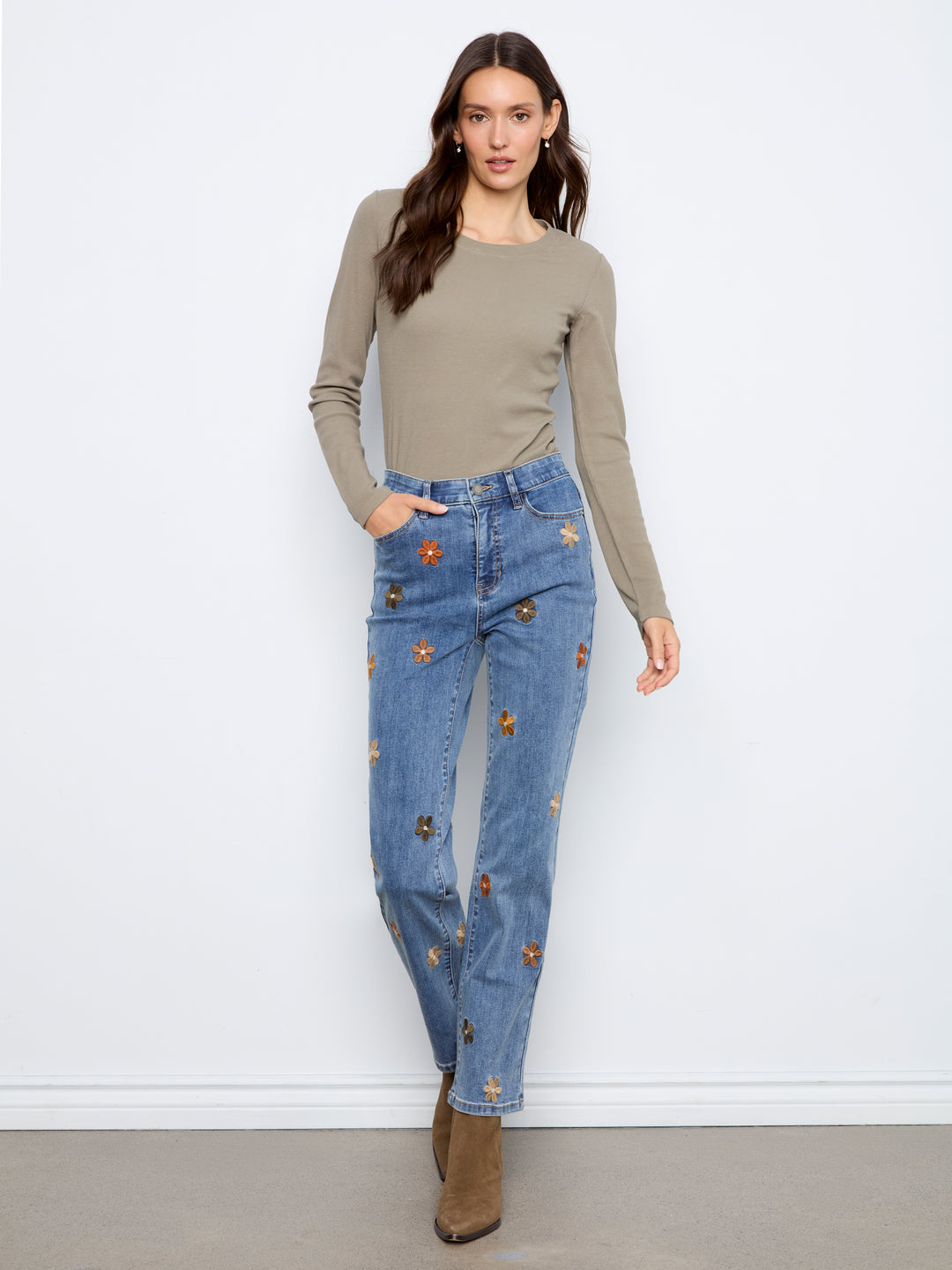 Flower Embroidered Straight Leg Jean