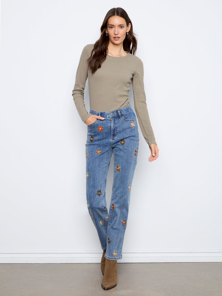 Flower Embroidered Straight Leg Jean