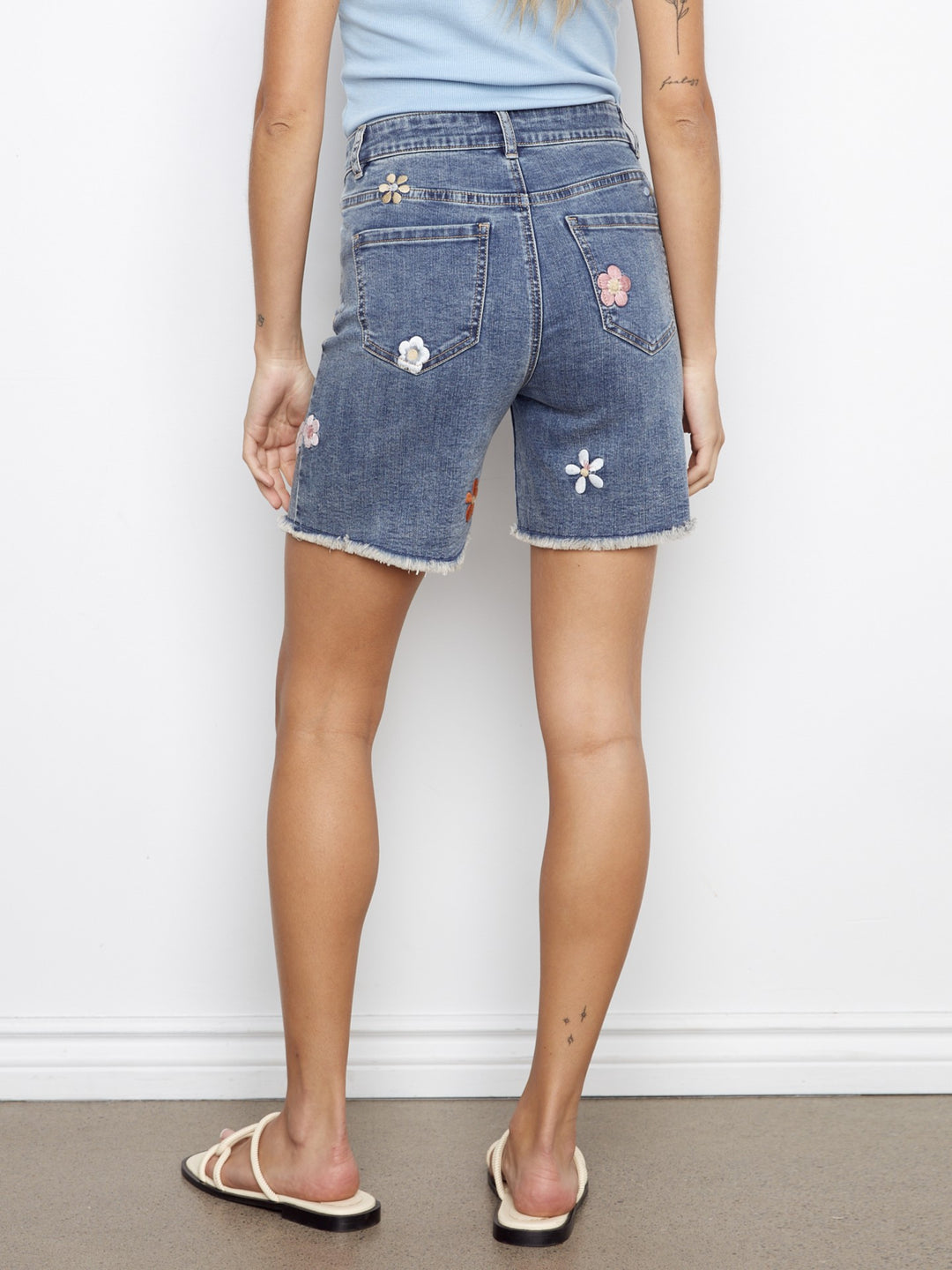 Flowers All Over Embroidered Denim Shorts