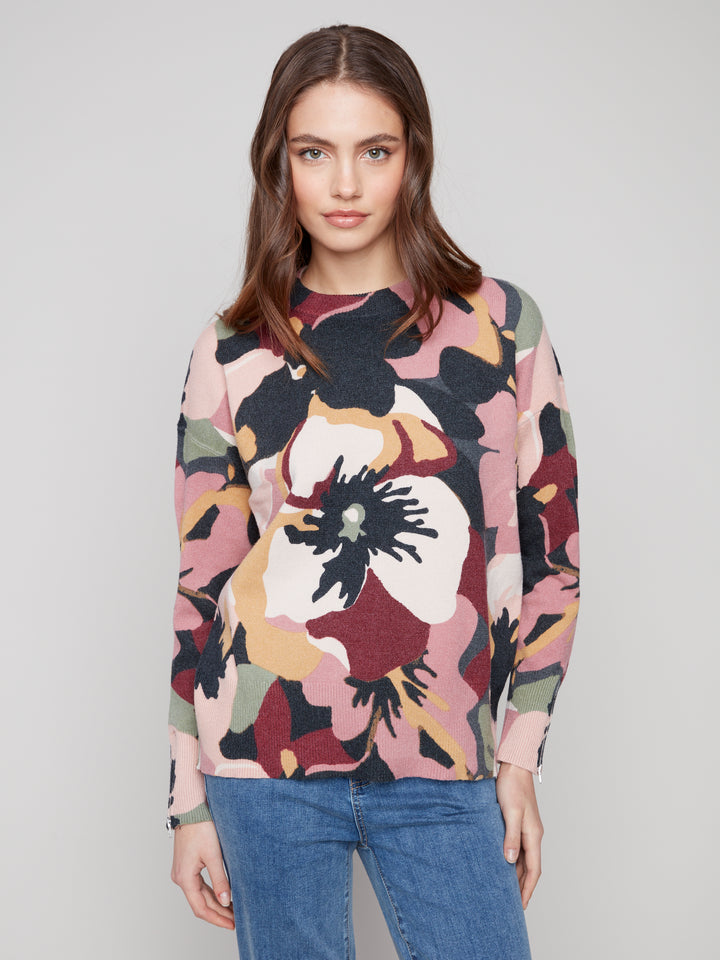 Flowery Print Zip Detail Sweater