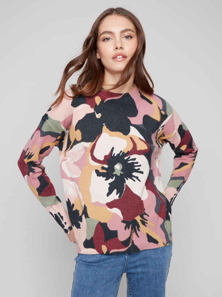 Flowery Print Zip Detail Sweater