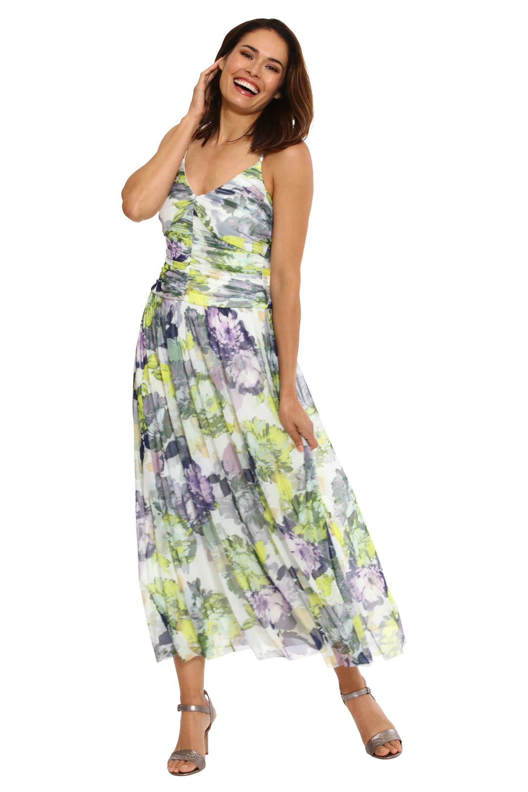 Flowy Floral Print Dress with Ruching