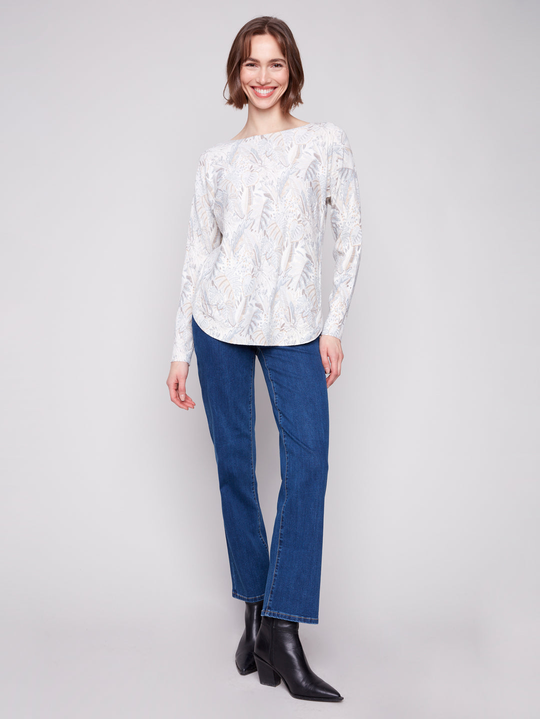 Foliage Print Round Hem Sweater