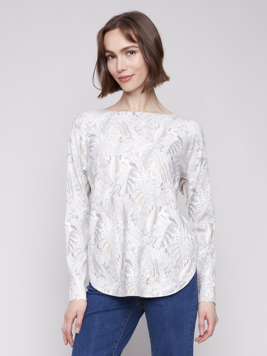 Foliage Print Round Hem Sweater