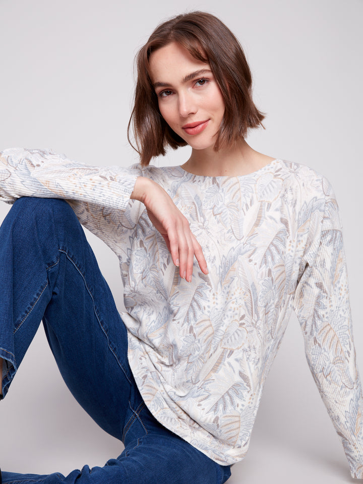 Foliage Print Round Hem Sweater