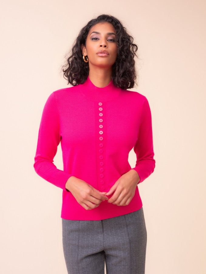 Fuchsia Button Detail Mock Neck Sweater
