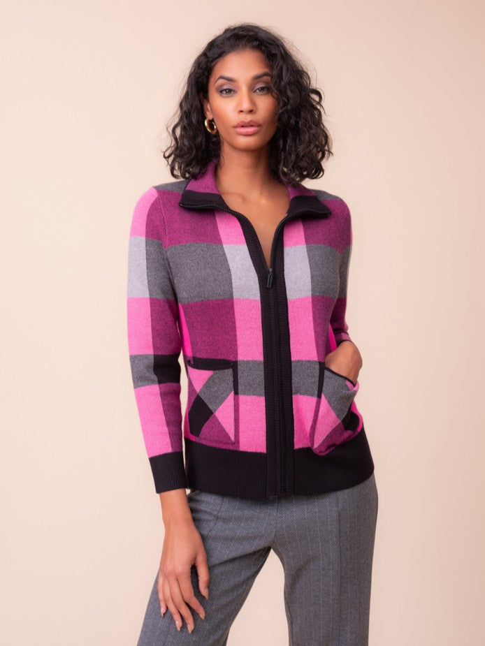 Fuchsia Combo Plaid Zip Up Cardigan