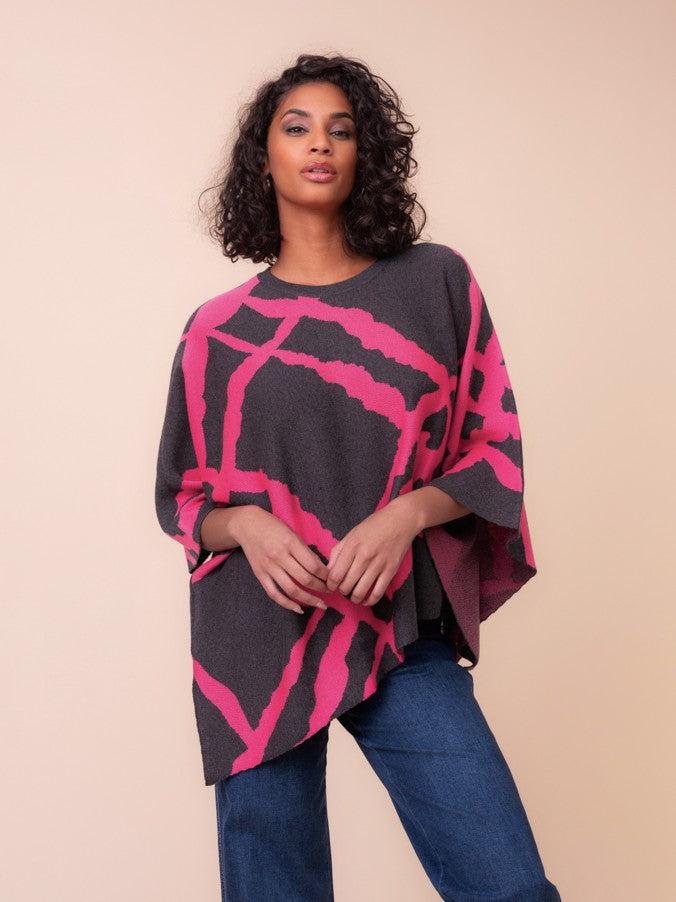 Fuchsia Geometric Poncho Sweater
