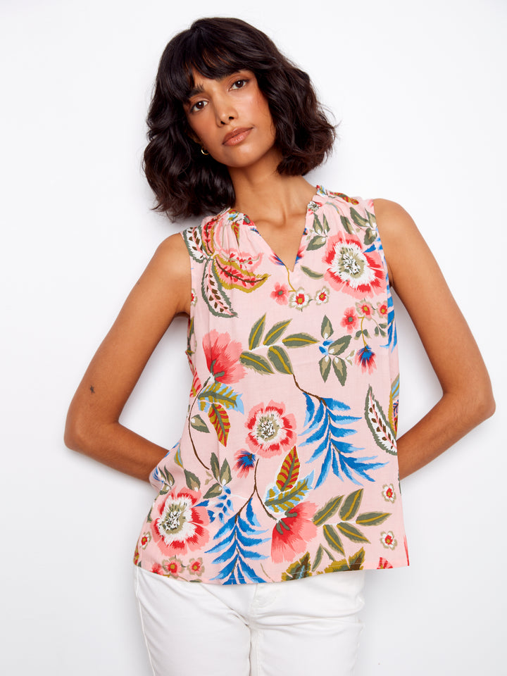 Gardenia Print Ruffle Neck Top