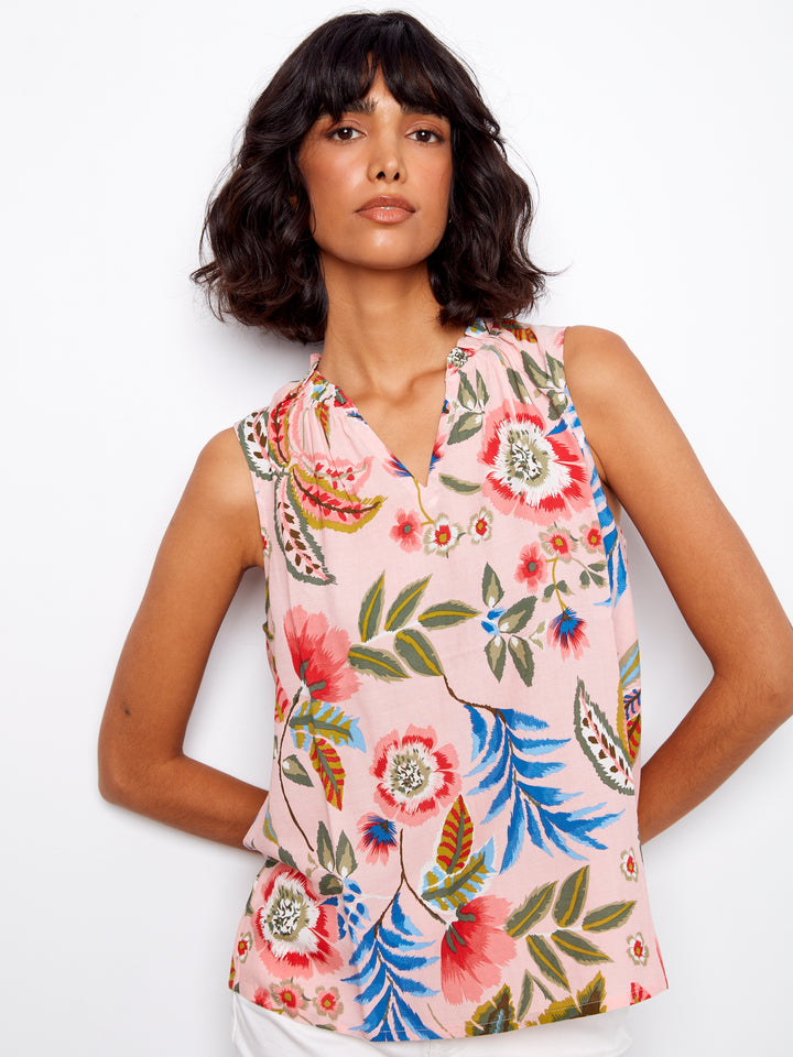 Gardenia Print Ruffle Neck Top