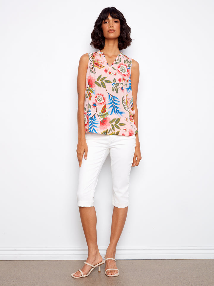 Gardenia Print Ruffle Neck Top