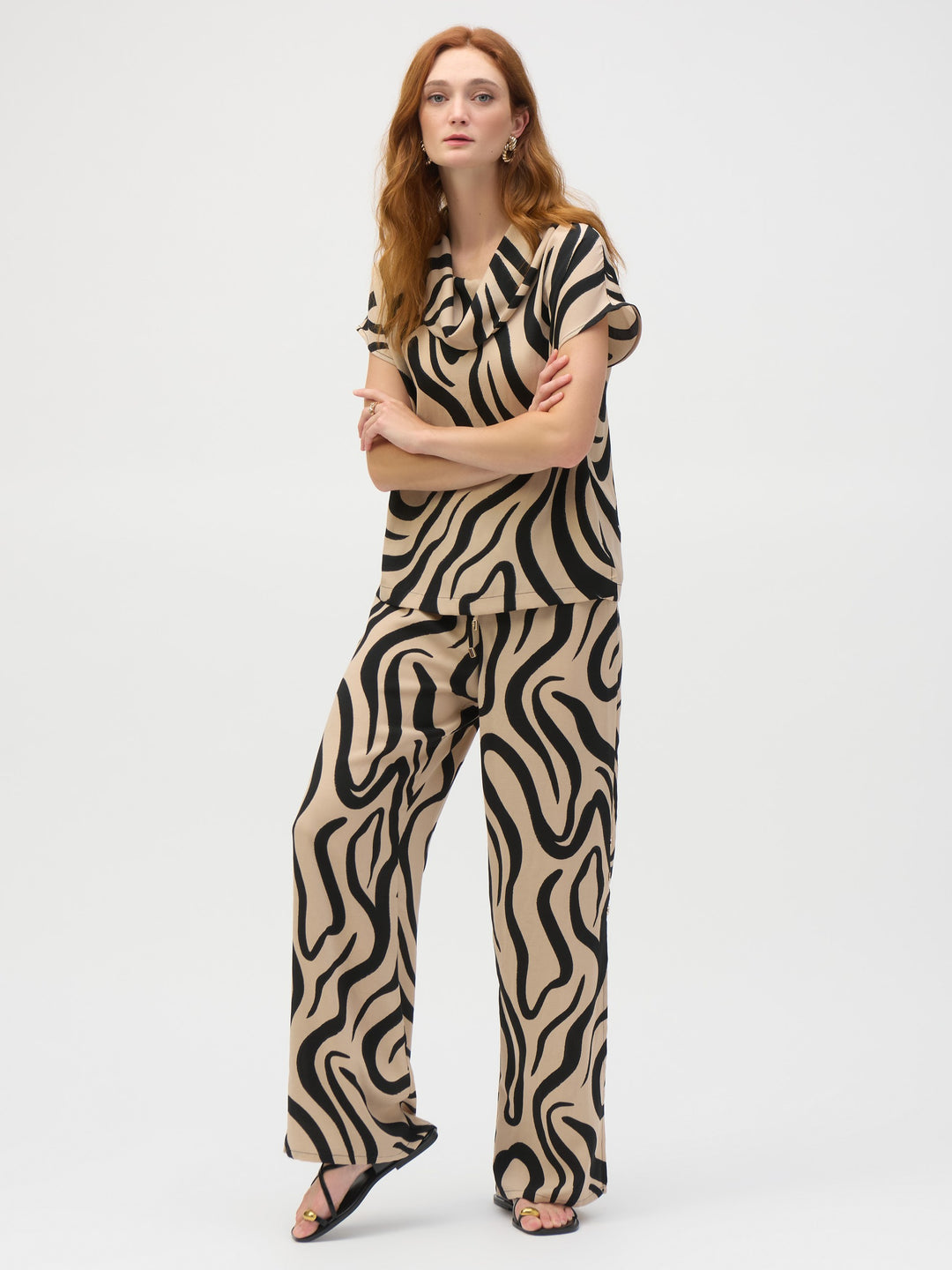 Gauze Abstract Print Cowl Neck Top