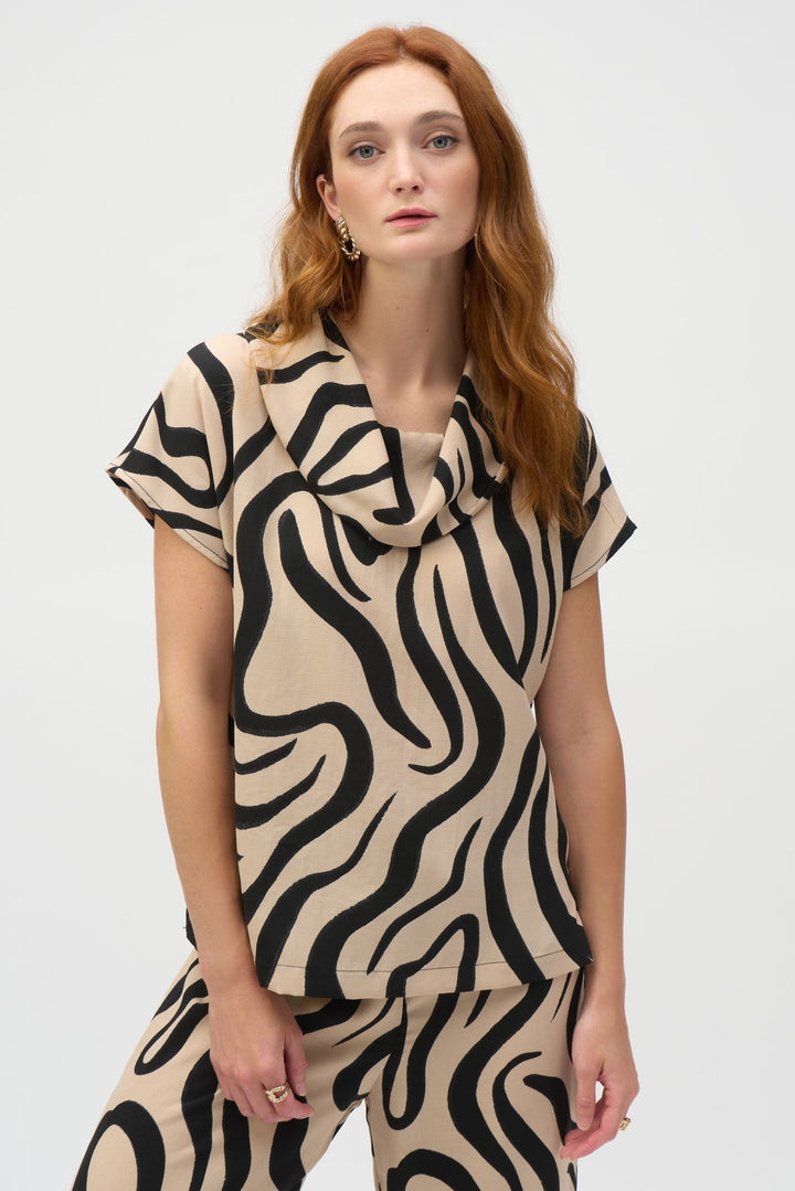 Gauze Abstract Print Cowl Neck Top