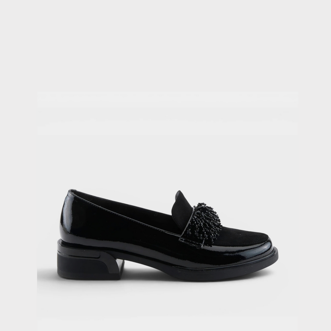 Gogetter Bead Fringe Black Patent Shoe