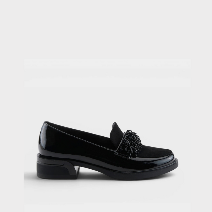 Gogetter Bead Fringe Black Patent Shoe