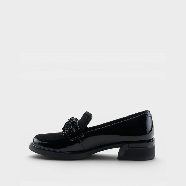 Gogetter Bead Fringe Black Patent Shoe