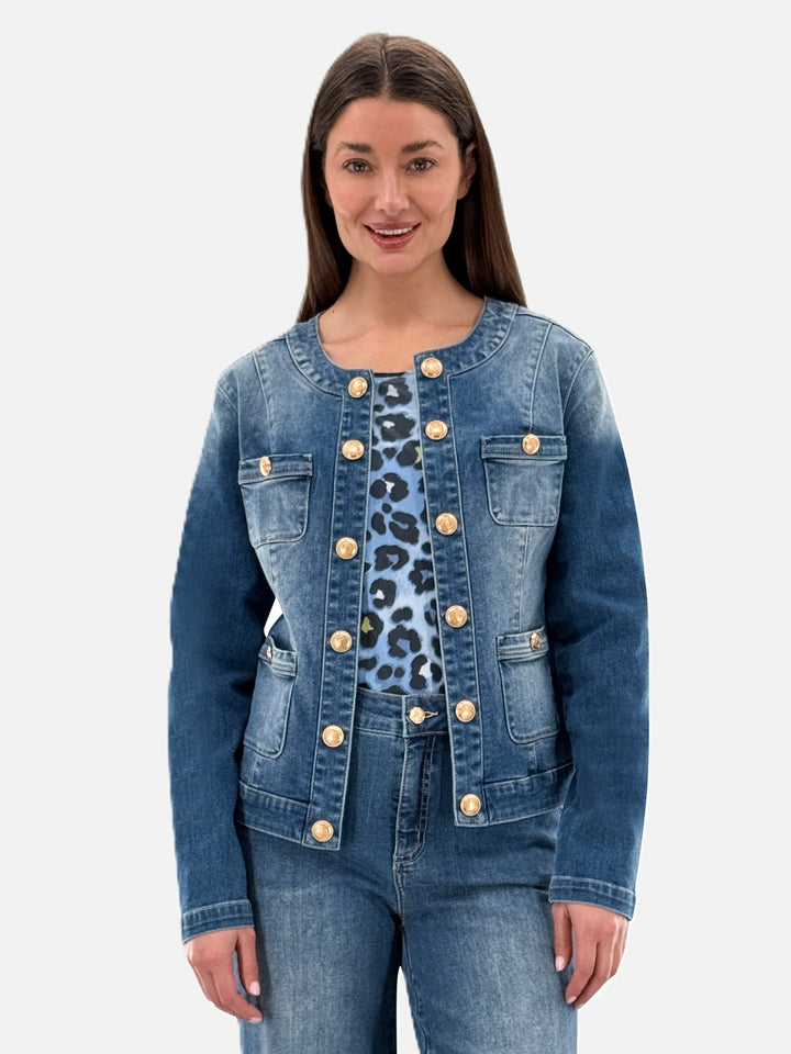Gold Button Collarless Jean Jacket
