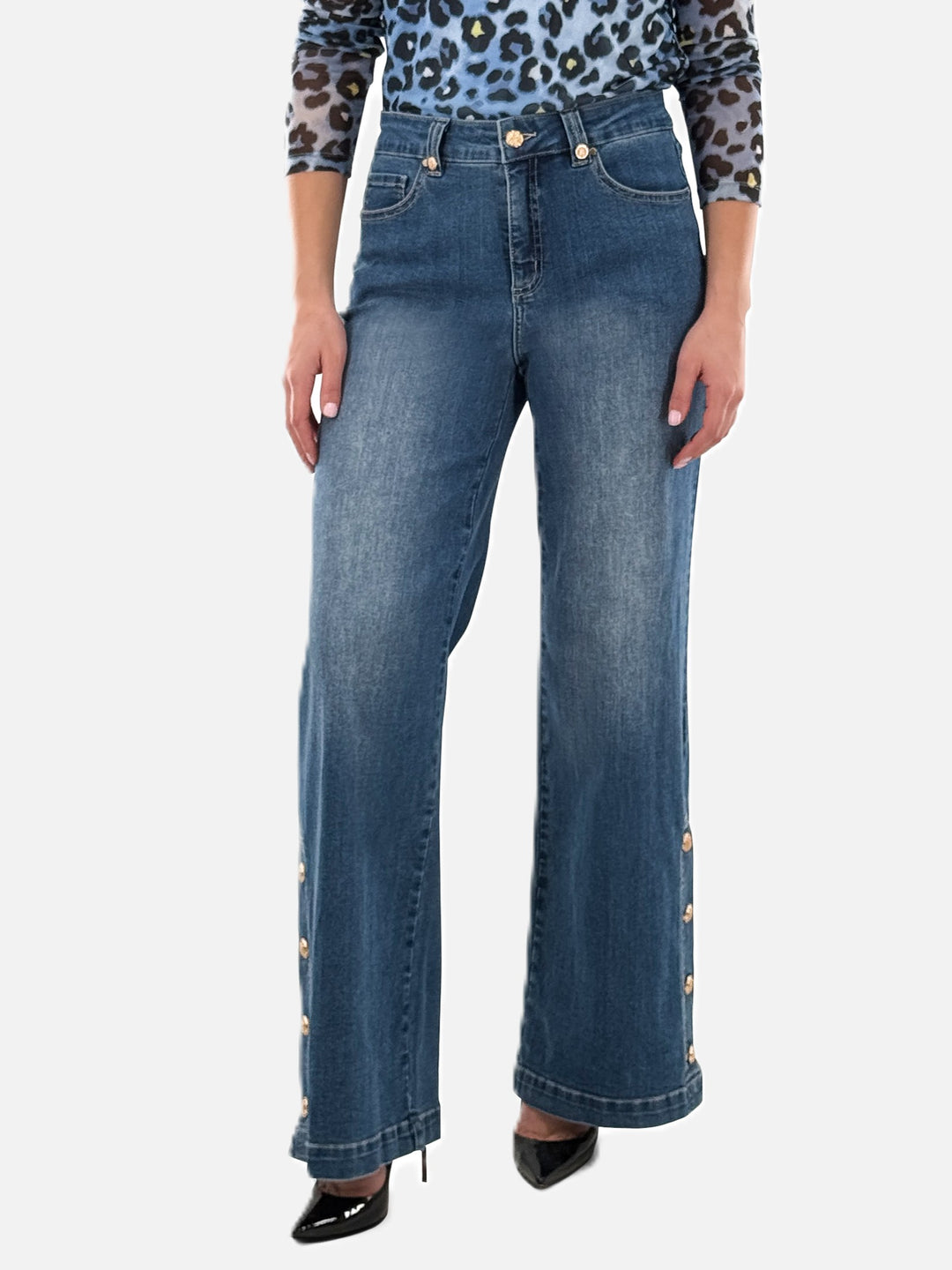 Gold Button Hem Wide Leg Jean