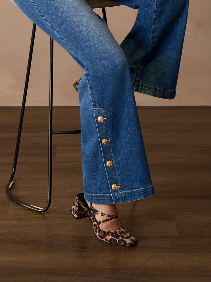 Gold Button Hem Wide Leg Jean