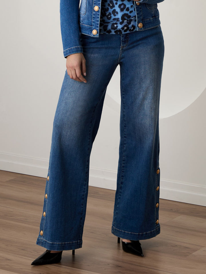 Gold Button Hem Wide Leg Jean