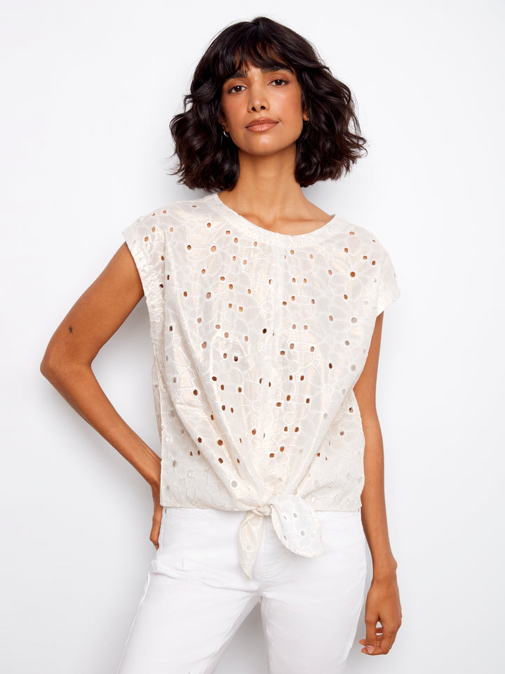 Gold Foil Eyelet Tie Front Blouse