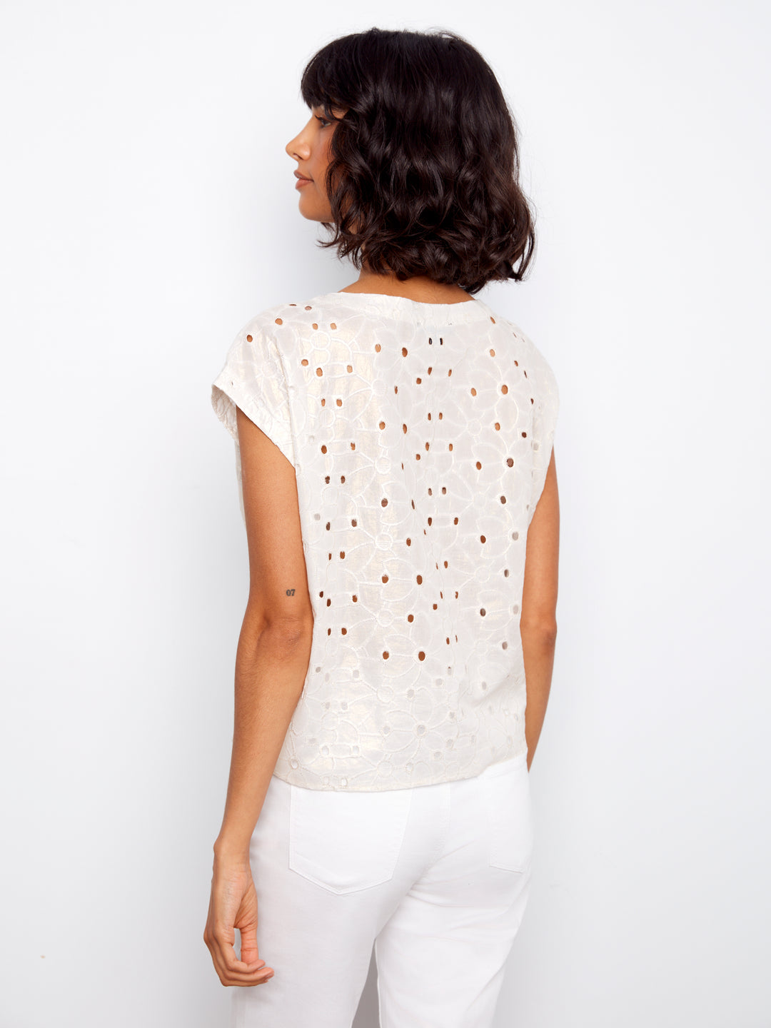 Gold Foil Eyelet Tie Front Blouse